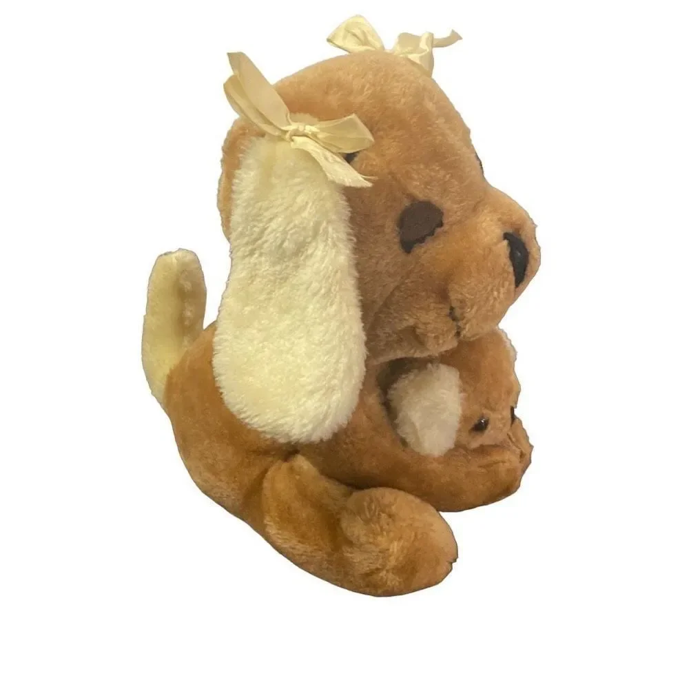 Vintage 1977 R Dakin & Co Sitting Sleepy Eyed Praying Dog and Puppy